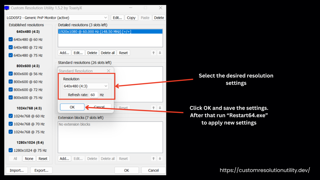 select the desired resolution settings
