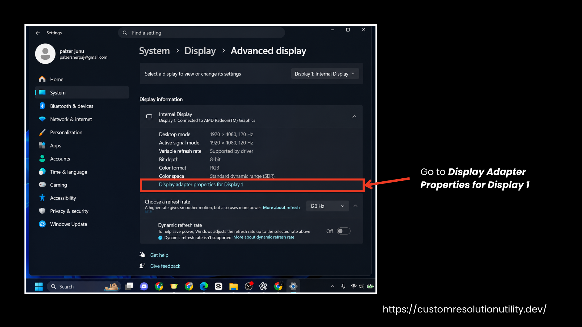 Click on Display Adapter Properties for Display 1