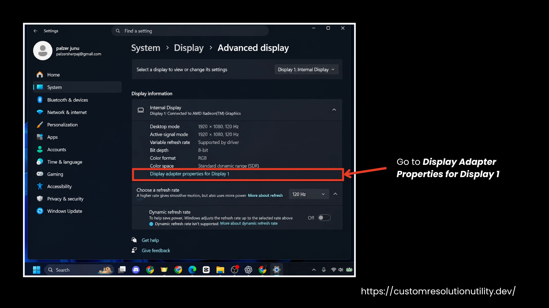 Click on Display Adapter Properties for Display 1