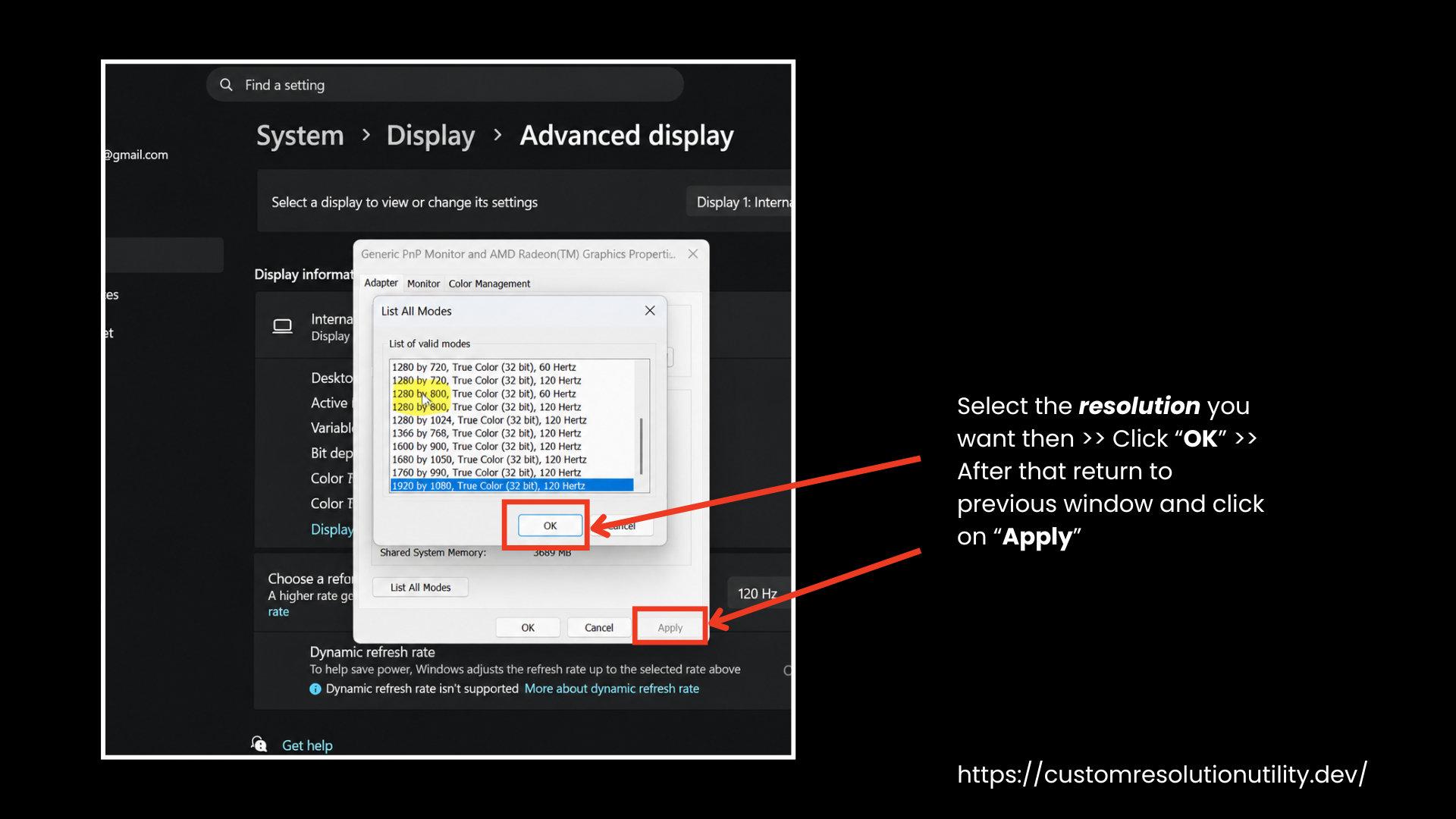Select the Custom Resolution and Apply Settings