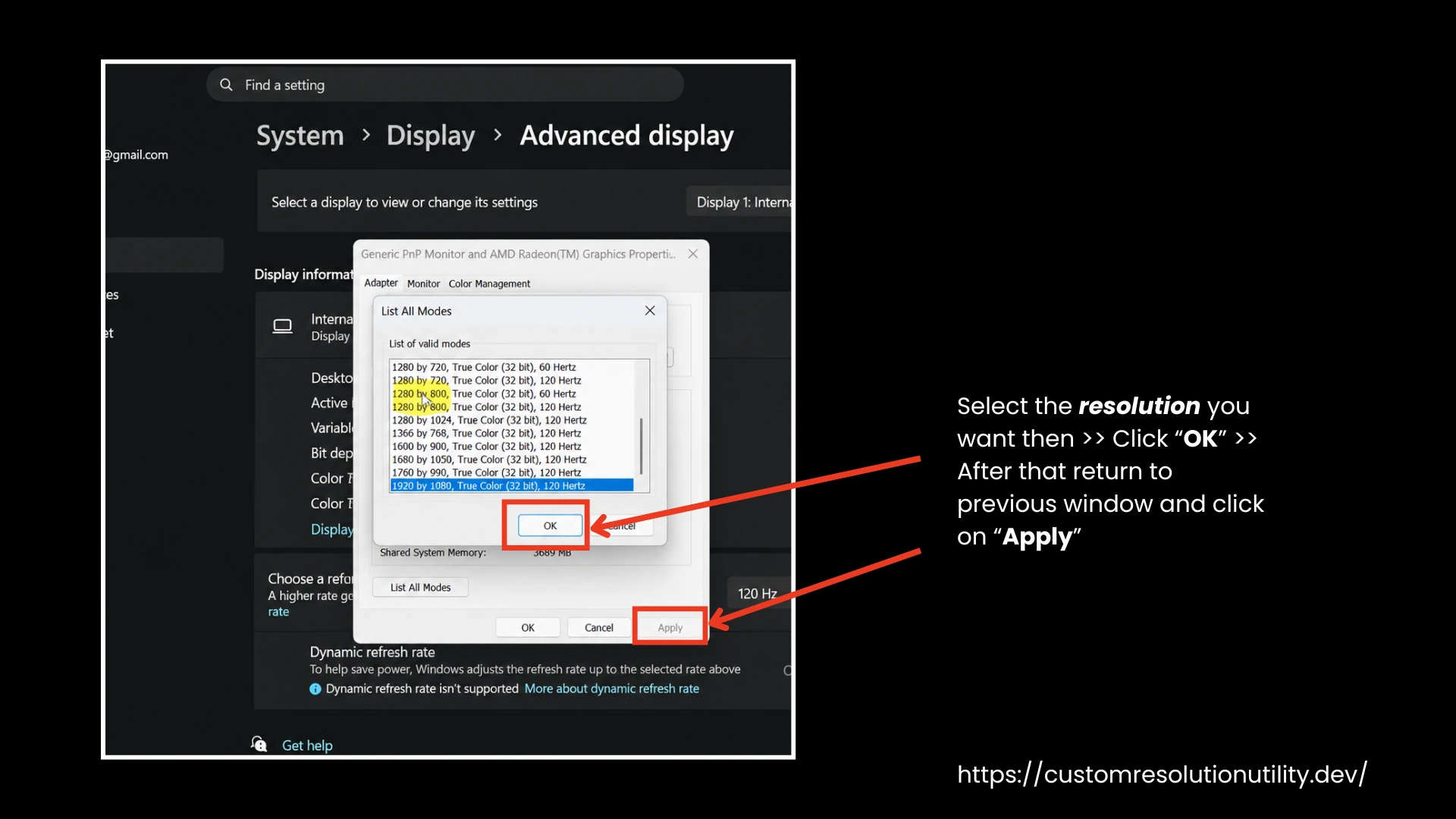 Select the Custom Resolution and Apply Settings